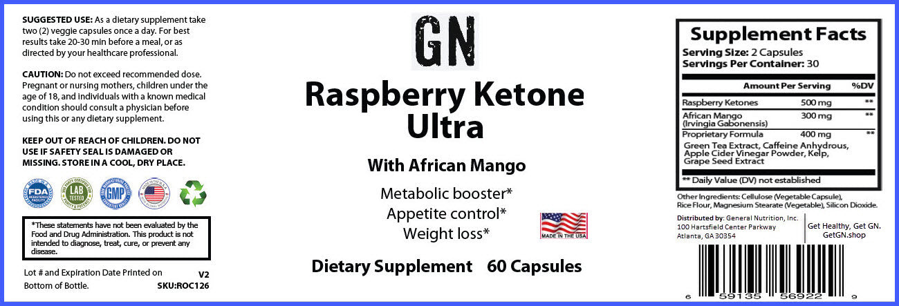 Supplement label for GN Raspberry Ketone Ultra with African Mango on a white background