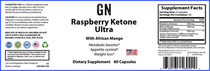 Supplement label for GN Raspberry Ketone Ultra with African Mango on a white background