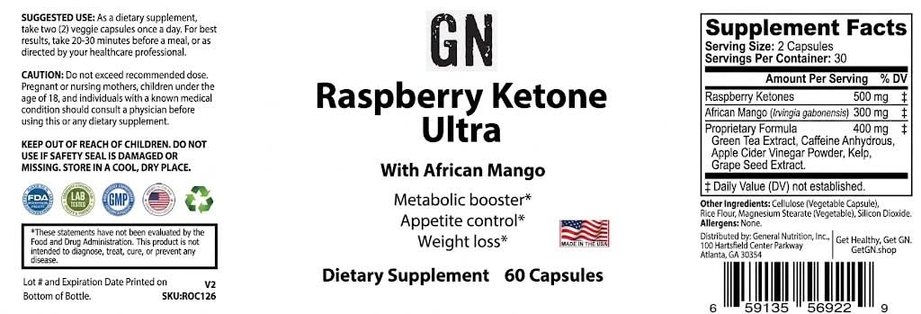 Supplement label for Raspberry Ketone Ultra with African Mango dietary supplement.