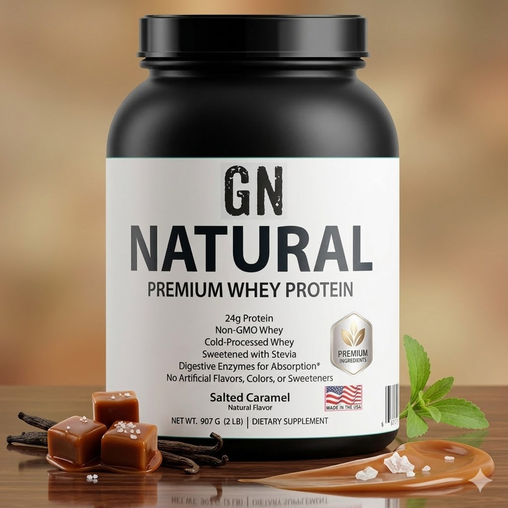 GN Natural Premium Whey Protein container with vanilla beans and caramel pieces on a wooden surface.