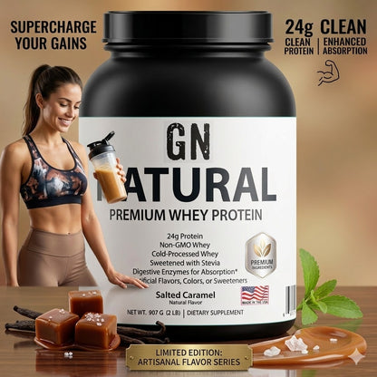 GN Natural Premium Whey Protein container with a woman holding a protein shake, featuring salted caramel flavor.