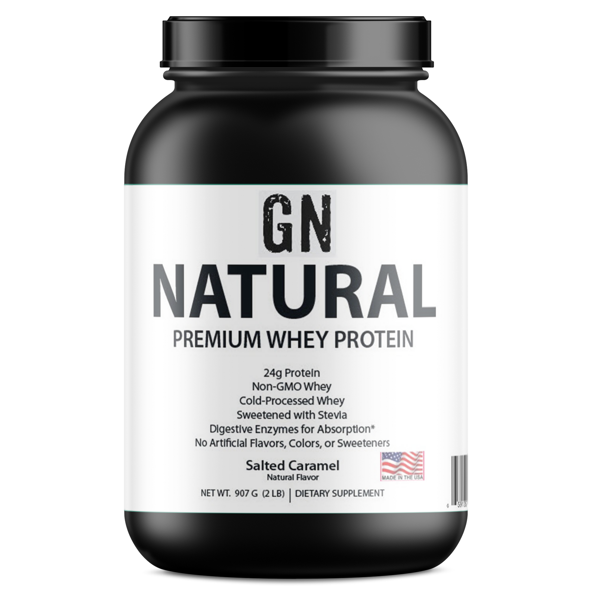 Black container of GN Natural Premium Whey Protein on a white background