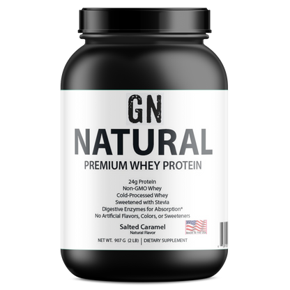 Black container of GN Natural Premium Whey Protein on a white background