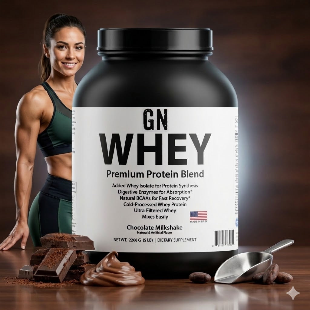 GN Whey Protein Blend on counter with chocolate and a fitness model in the background