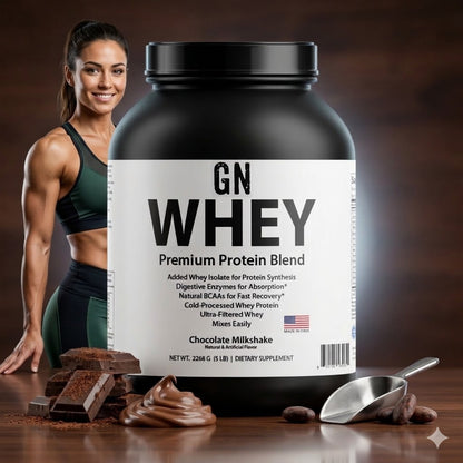 GN Whey Protein Blend on counter with chocolate and a fitness model in the background
