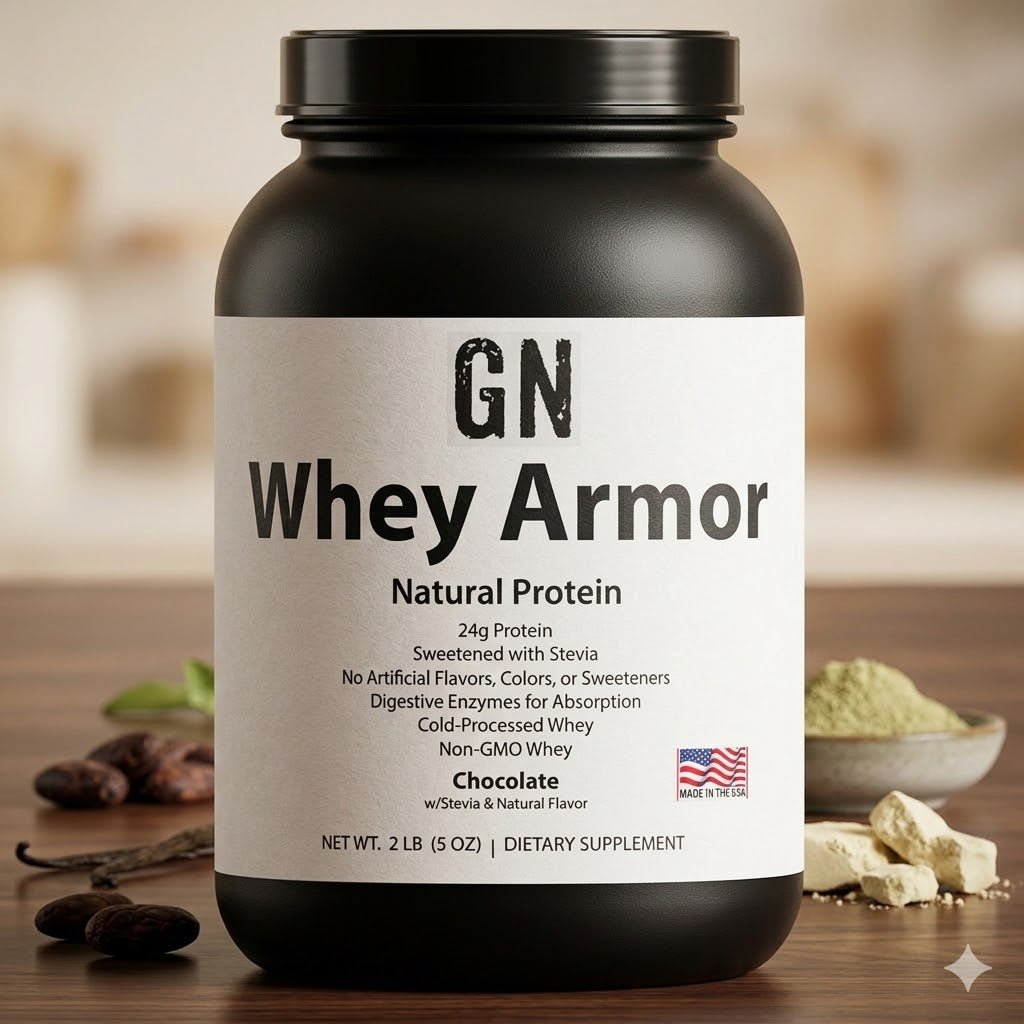 Black container of GN Whey Armor Natural Protein on a wooden surface with blurred background