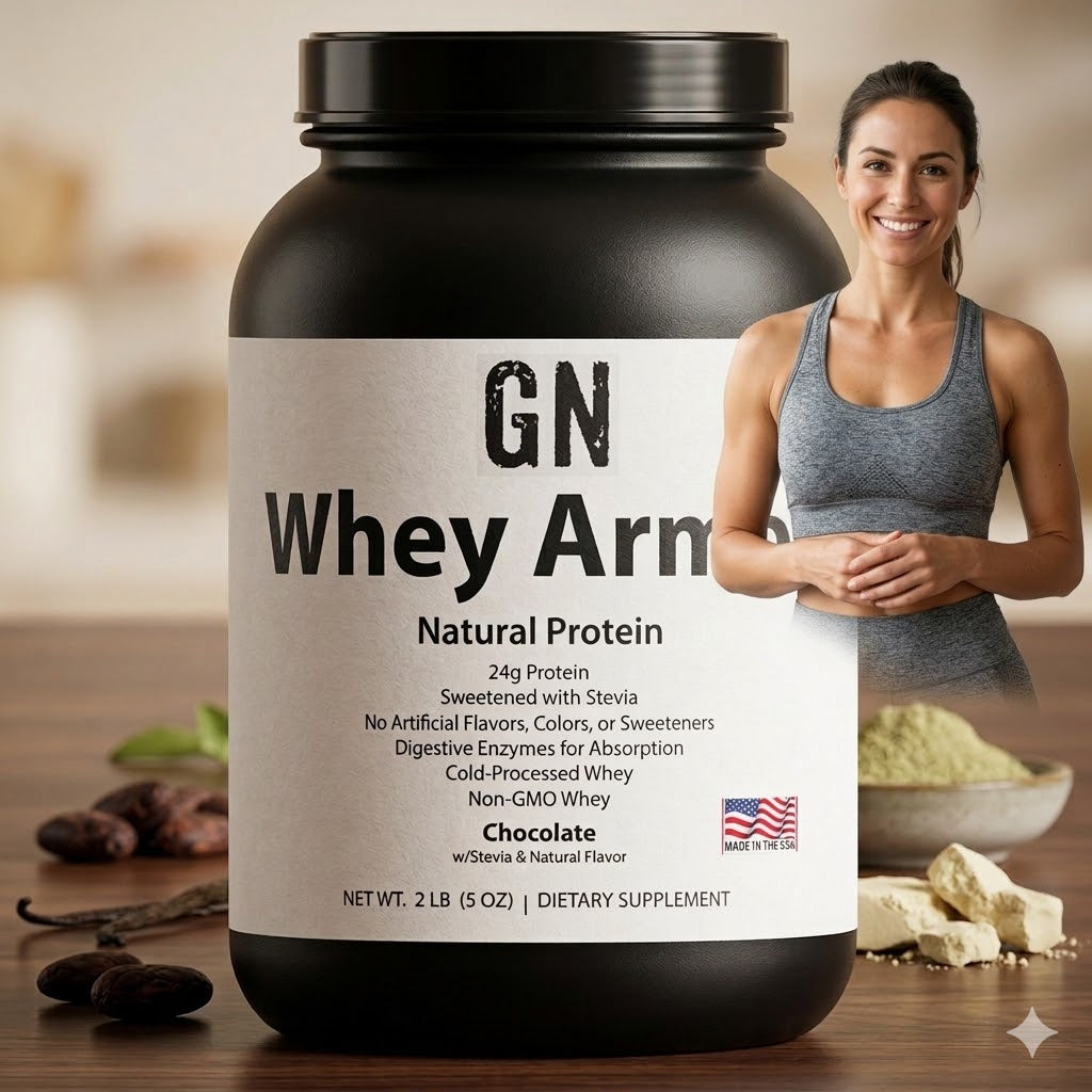 GN Whey Armor protein supplement jar with a woman in a sports tank top in the background