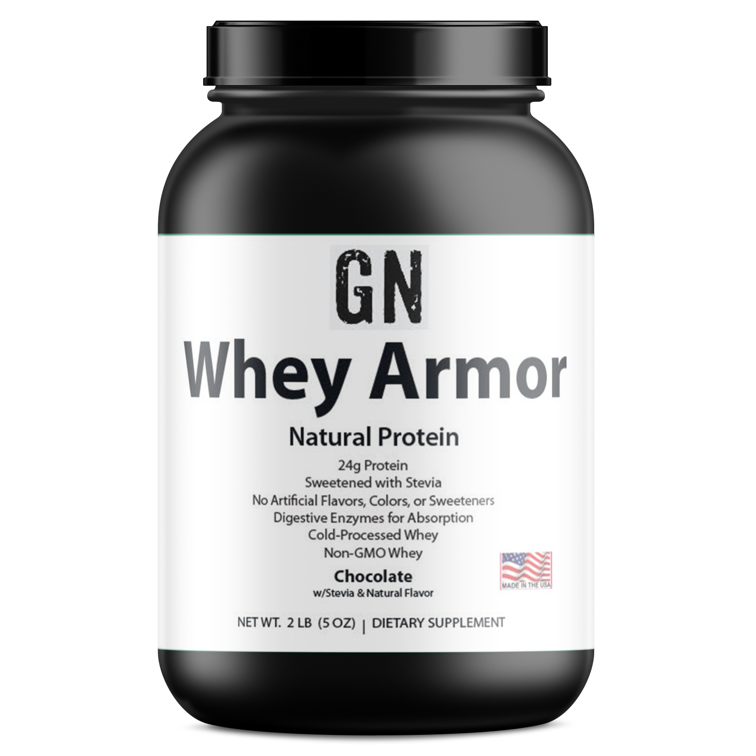 Whey protein supplement container labeled 'GN Whey Armor' on a white background