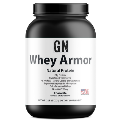 Whey protein supplement container labeled 'GN Whey Armor' on a white background