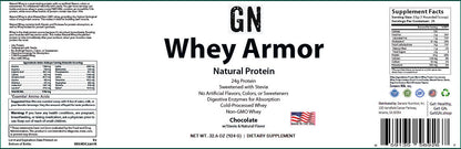 Label of GN Whey Armor Natural Protein package with nutritional information and branding details.