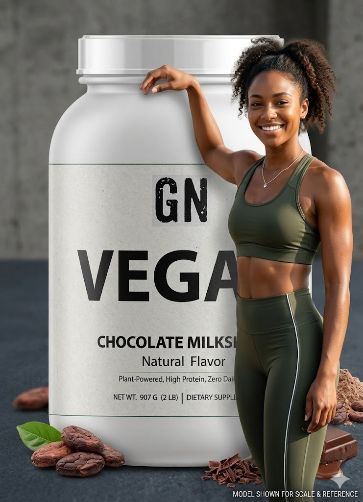 Woman in athletic wear standing next to a large container of GN Vega chocolate milkshake supplement.