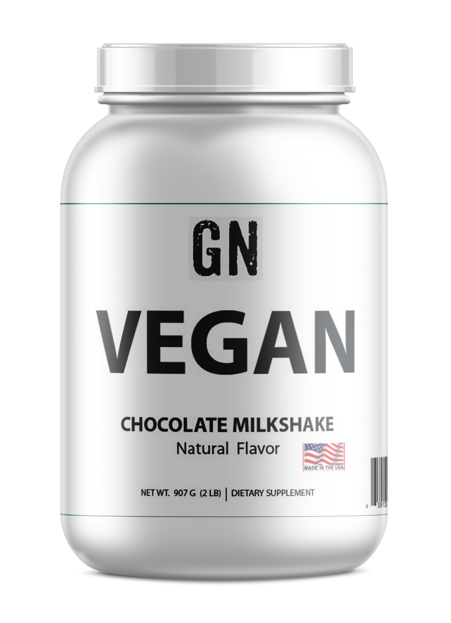 Vegan protein powder container with 'GN' branding on a white background