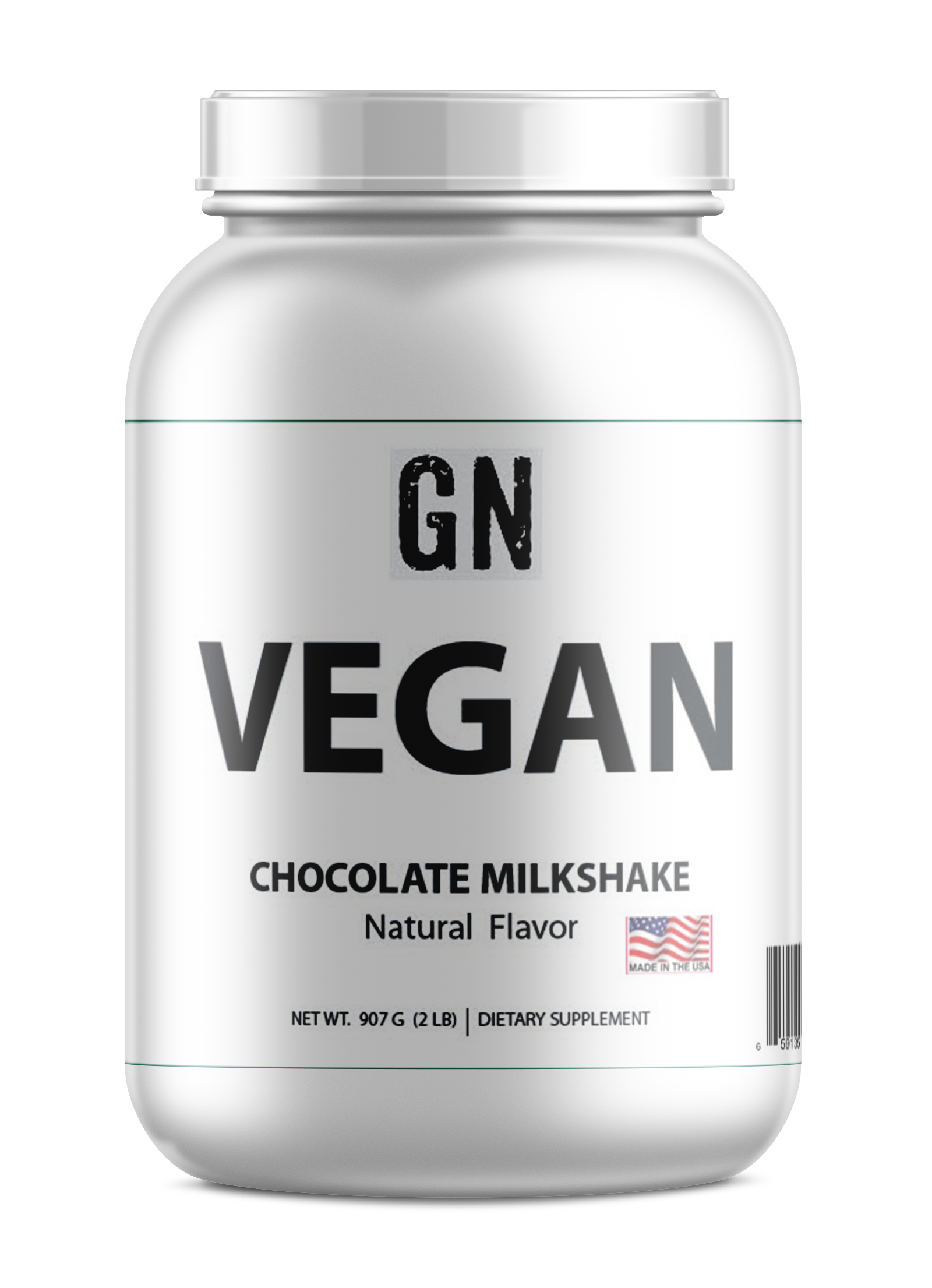 Vegan protein powder container with 'GN' branding on a white background