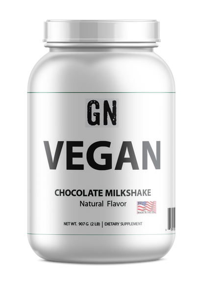 Vegan protein powder container with 'GN' branding on a white background