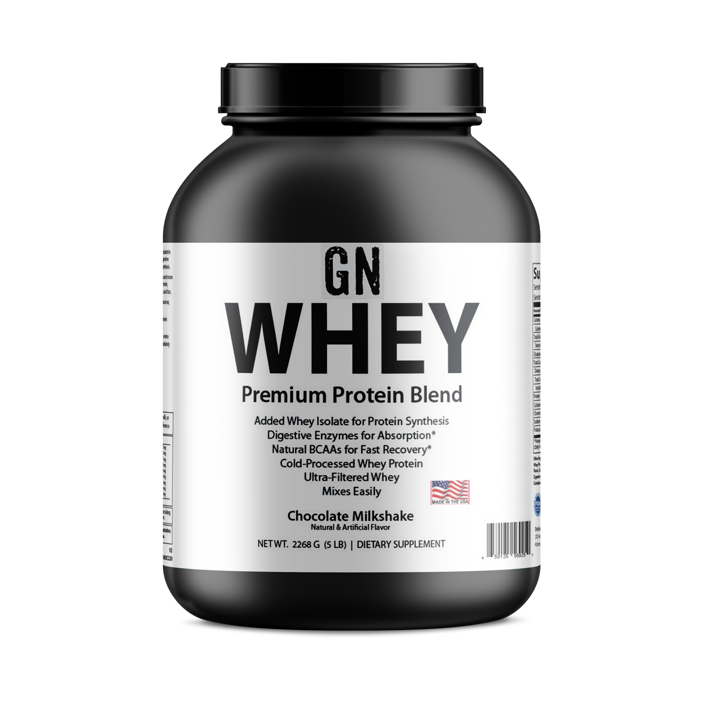 GN Whey protein supplement container on a white background