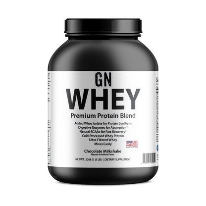GN Whey protein supplement container on a white background
