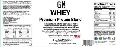 Label of GN Whey Premium Protein Blend with supplement facts and branding details.