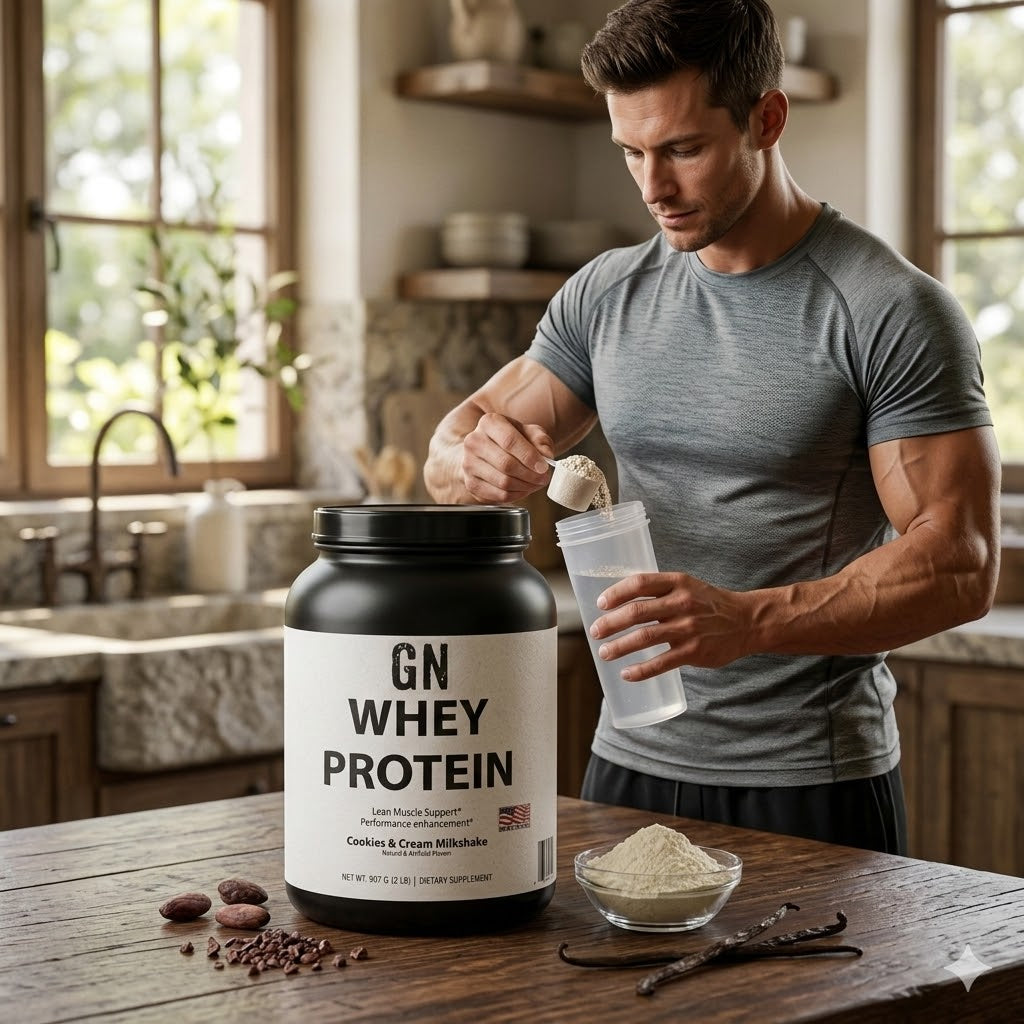 Black and white container of GN Whey Protein with label on a kitchen counter with model mixing powder