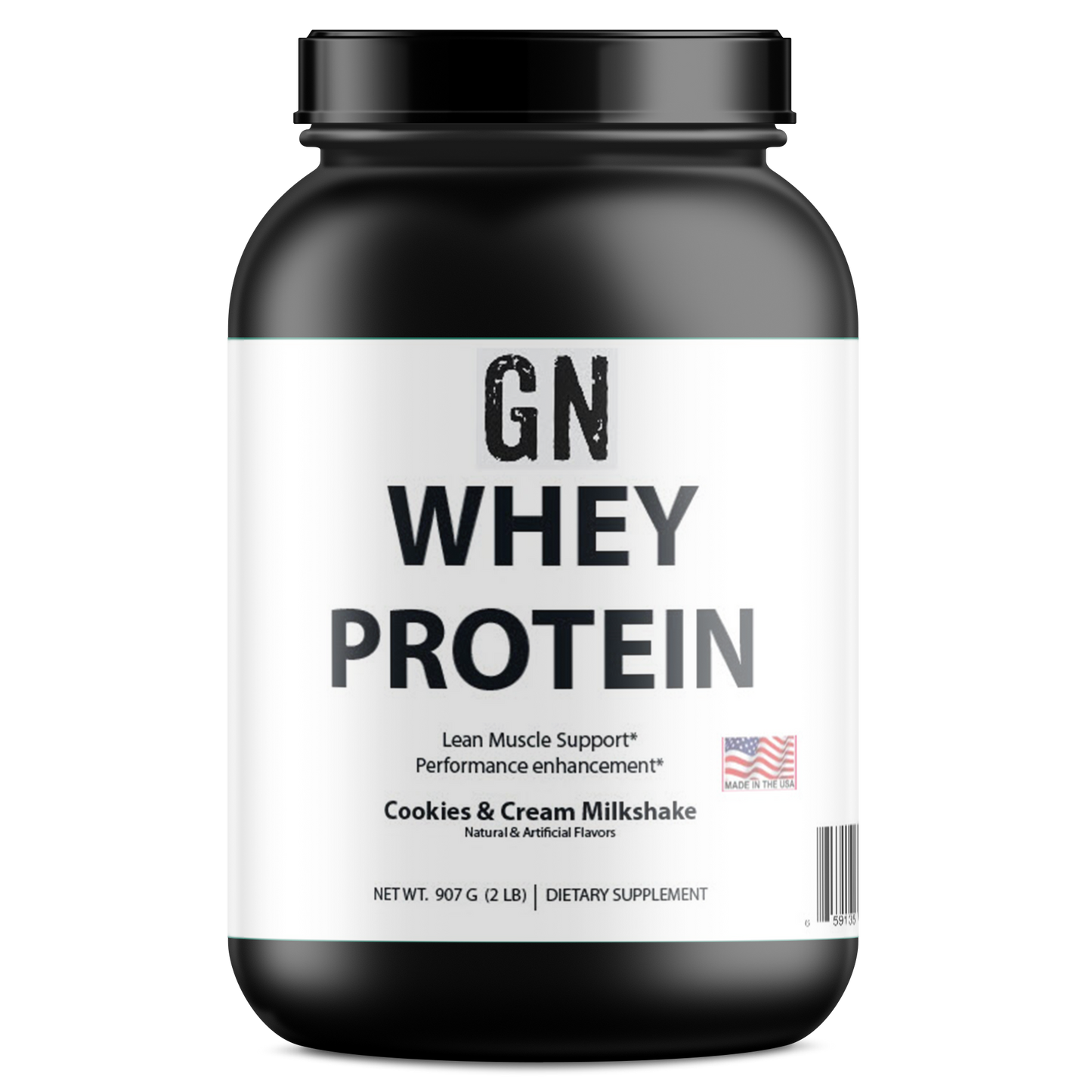 Black and white container of GN Whey Protein with label on a white background