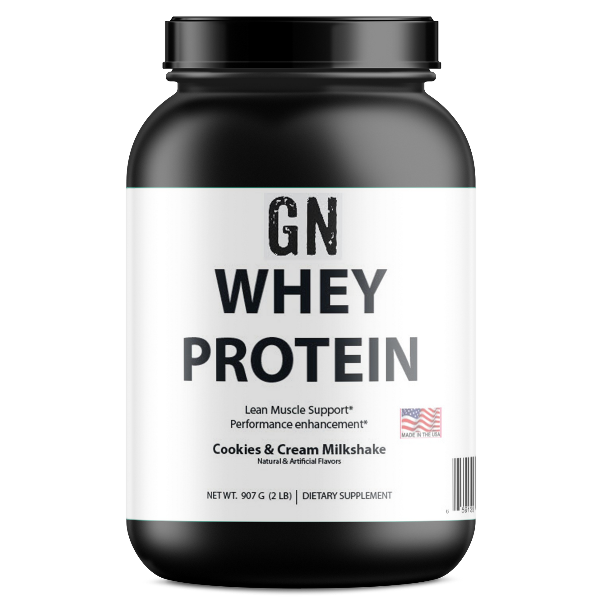Black and white container of GN Whey Protein with label on a white background
