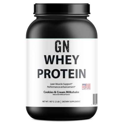 Black and white container of GN Whey Protein with label on a white background