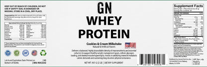 Whey protein supplement label with branding and nutritional information.