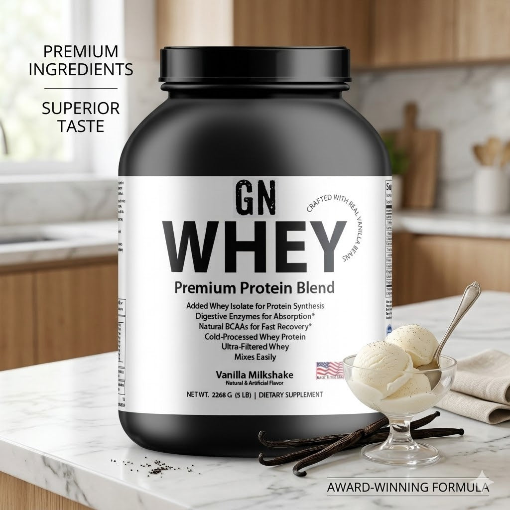 GN Whey Protein Vanilla Milkshake on kitchent counter with a few scoops of ice cream in a glass bowl