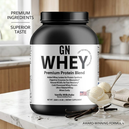 GN Whey Protein Vanilla Milkshake on kitchent counter with a few scoops of ice cream in a glass bowl