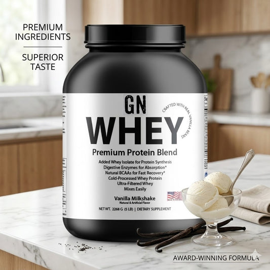 GN Whey Protein Vanilla Milkshake on kitchent counter with a few scoops of ice cream in a glass bowl