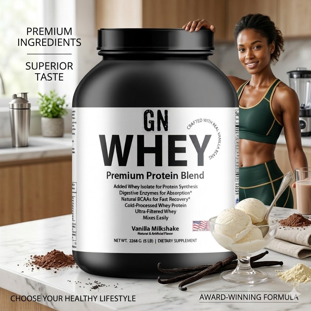 GN Whey Protein Blen Vanilla Blend on kitchen counter with model in the background 