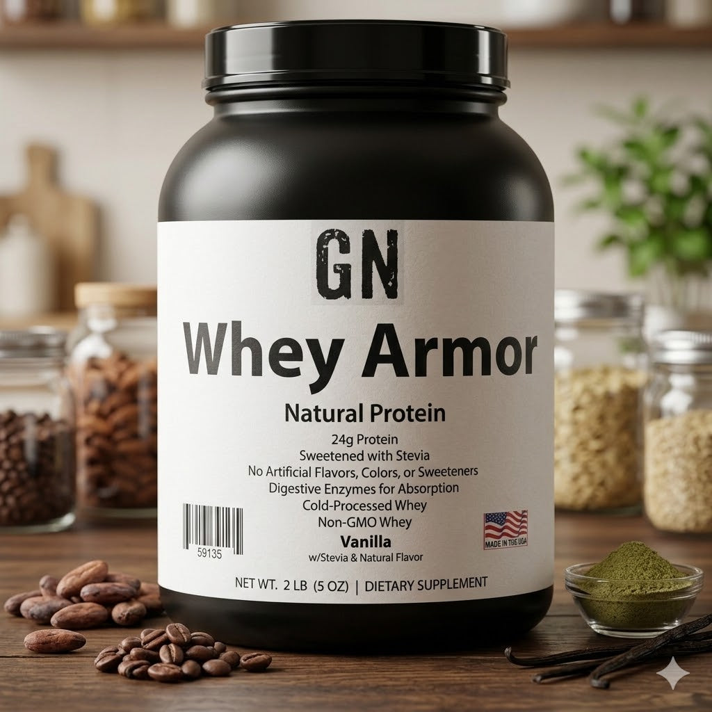 GN Whey Armor natural protein powder container on a wooden surface with ingredients in the background