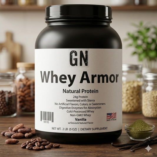GN Whey Armor natural protein powder container on a wooden surface with ingredients in the background