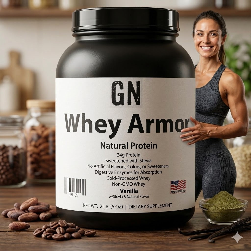 GN Whey Armor protein supplement with a woman in a gym setting