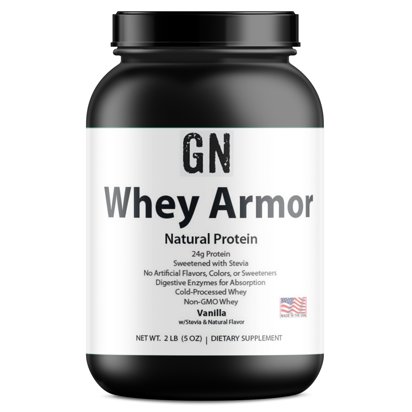 Whey protein powder container labeled 'GN Whey Armor' on a white background