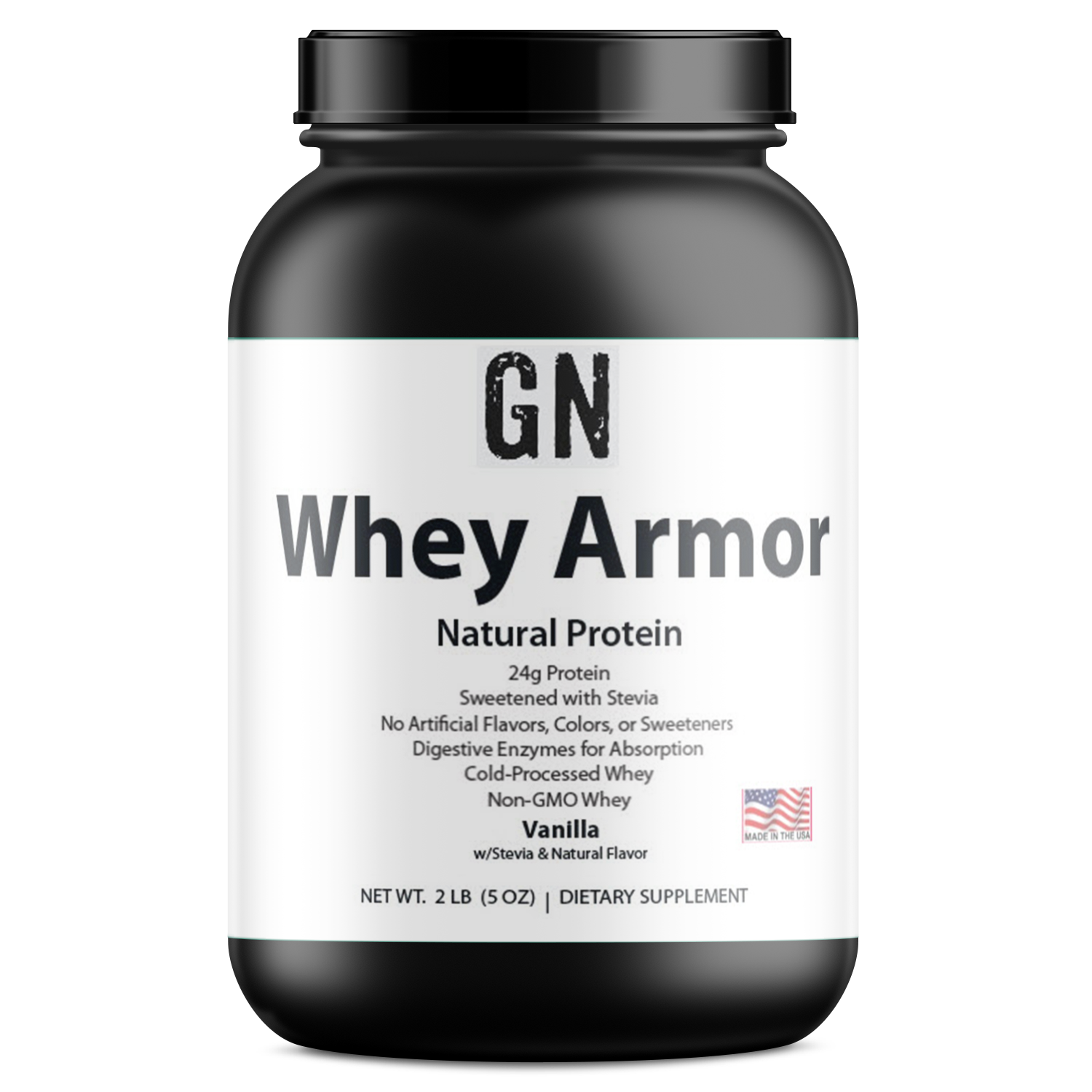 Whey protein powder container labeled 'GN Whey Armor' on a white background