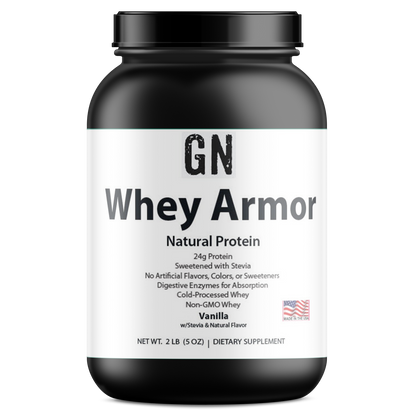 Whey protein powder container labeled 'GN Whey Armor' on a white background