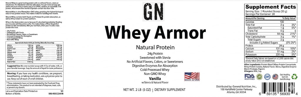 Whey protein supplement label with 'GN Whey Armor' branding and nutritional information.