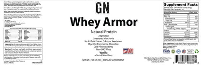 Whey protein supplement label with 'GN Whey Armor' branding and nutritional information.