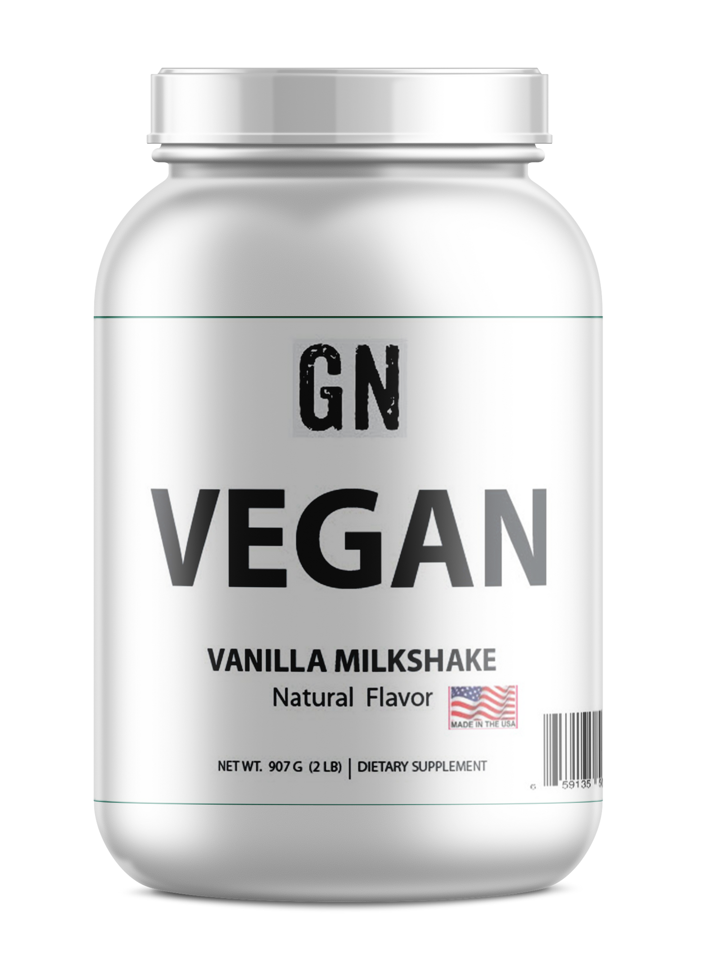 Vegan vanilla milkshake supplement container with GN logo on a white background
