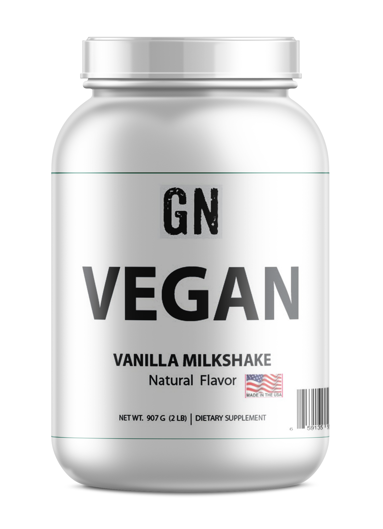 Vegan vanilla milkshake supplement container with GN logo on a white background