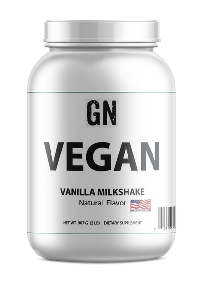 Vegan vanilla milkshake supplement container with GN logo on a white background
