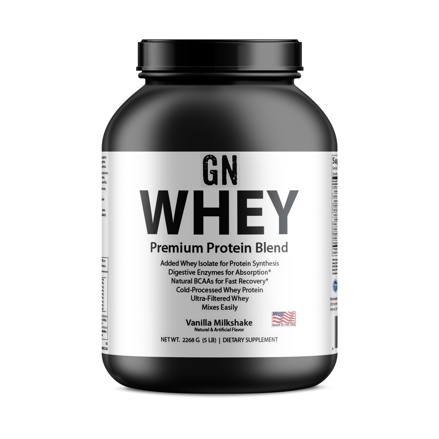 GN Whey protein supplement container on a white background
