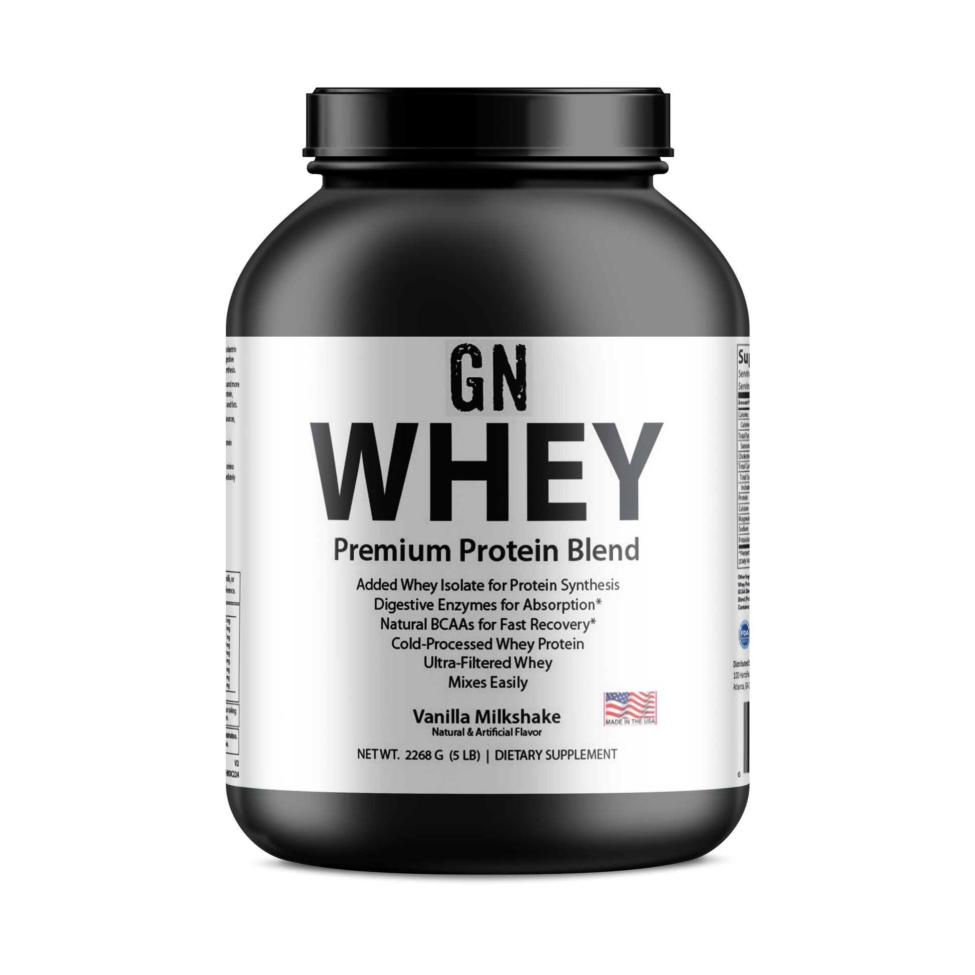 GN Whey protein supplement container on a white background