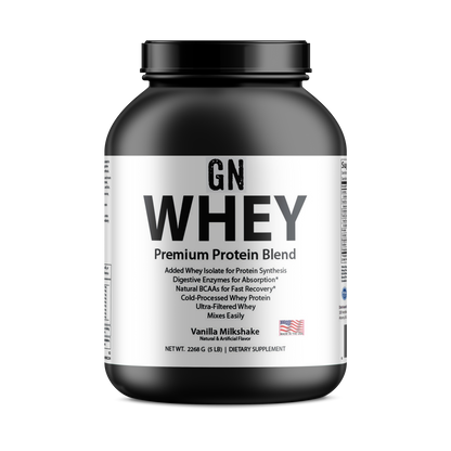 GN Whey protein supplement container on a white background