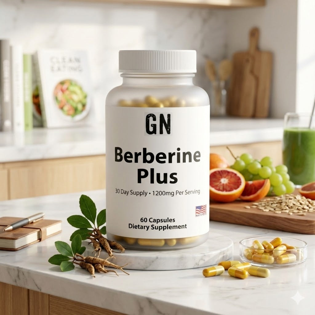 Supplement bottle labeled 'GN Berberine Plus' on a kitchen counter with fruits and a smoothie in the background.