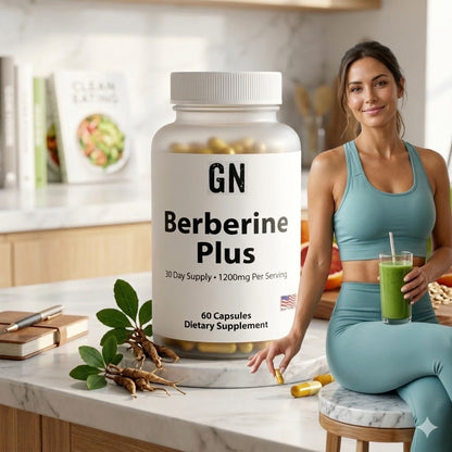 Woman in athletic wear holding a green smoothie next to a bottle of GN Berberine Plus supplement in a kitchen.