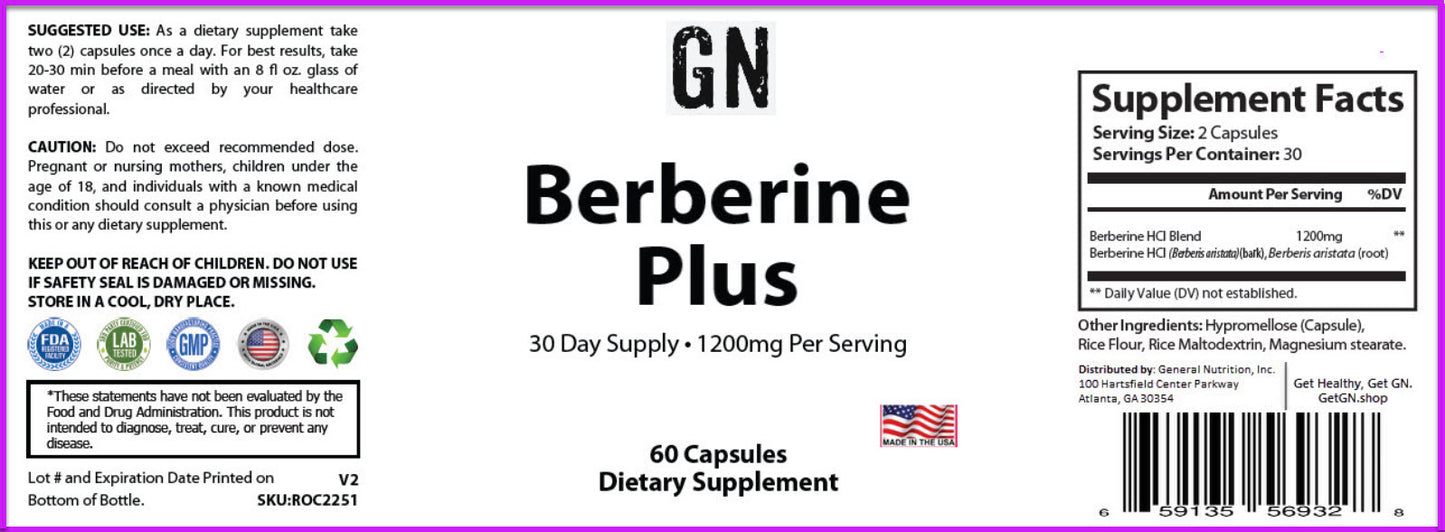 Supplement label for Berberine Plus with dietary information and ingredients on a purple background