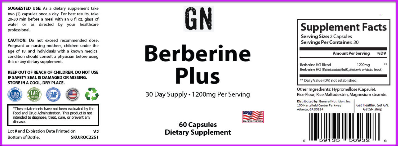 Supplement label for Berberine Plus with dietary information and ingredients on a purple background
