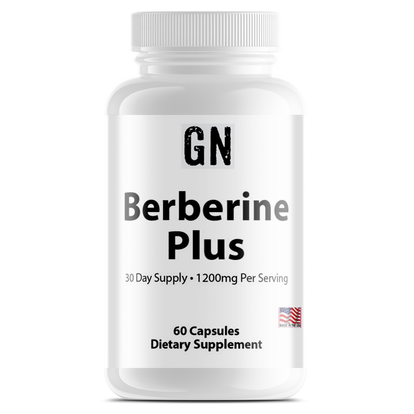 Supplement bottle labeled 'GN Berberine Plus' on a white background