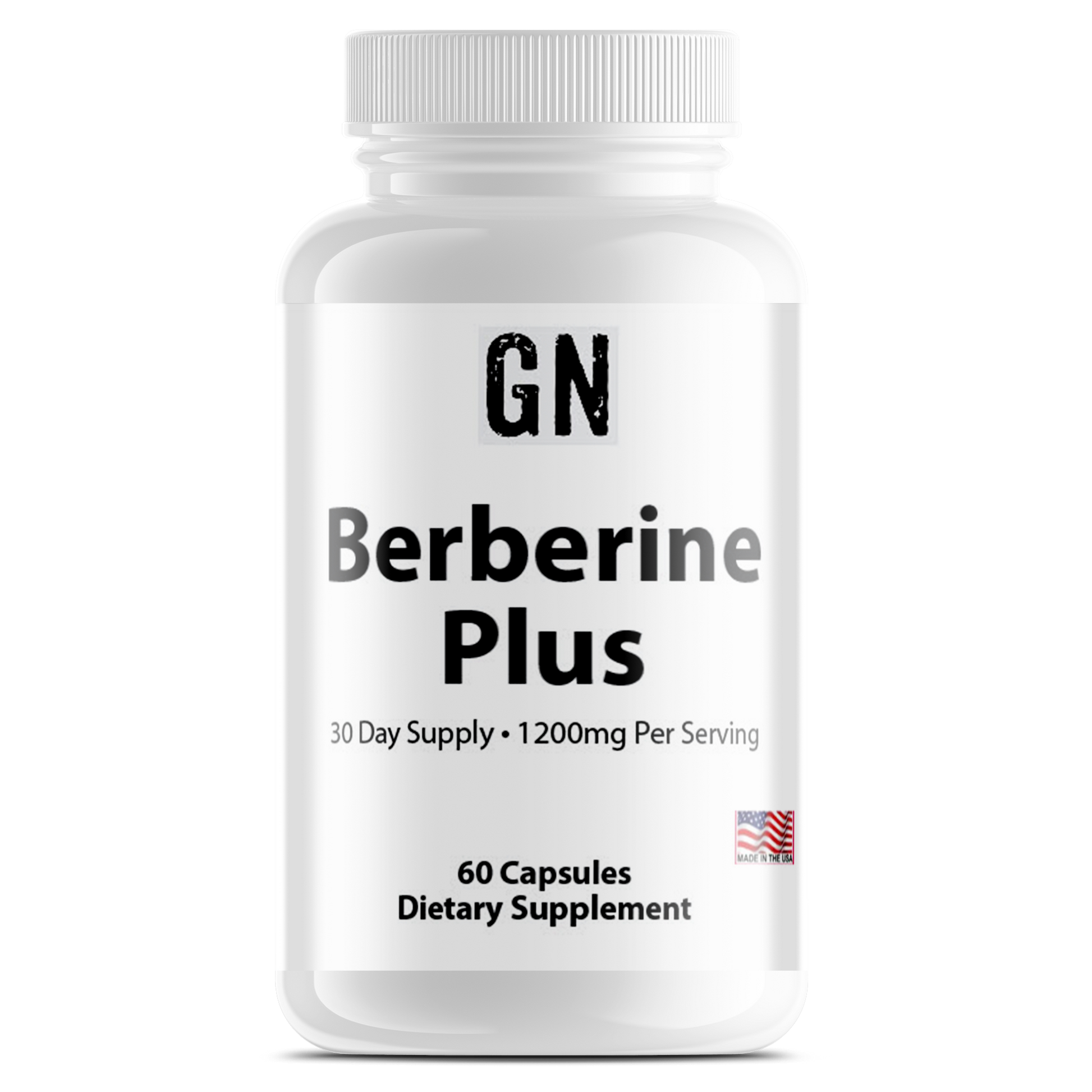 Supplement bottle labeled 'GN Berberine Plus' on a white background
